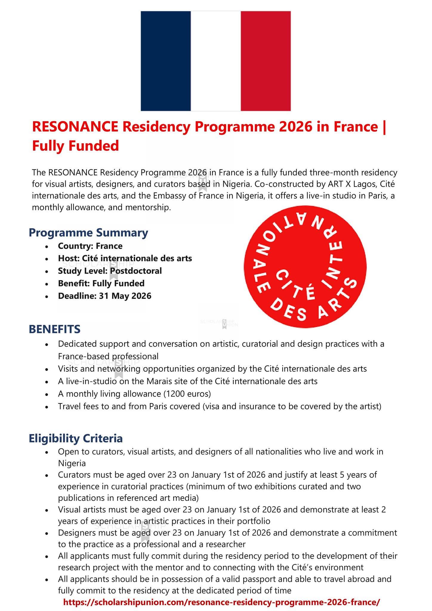 RESONANCE Residency Programme 2026 in France