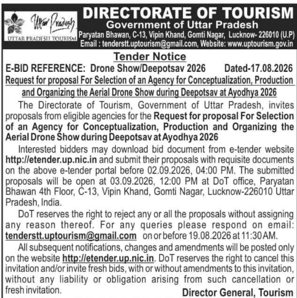 RFP for Deepotsav 2026 Aerial Drone Show by Uttar Pradesh Tourism