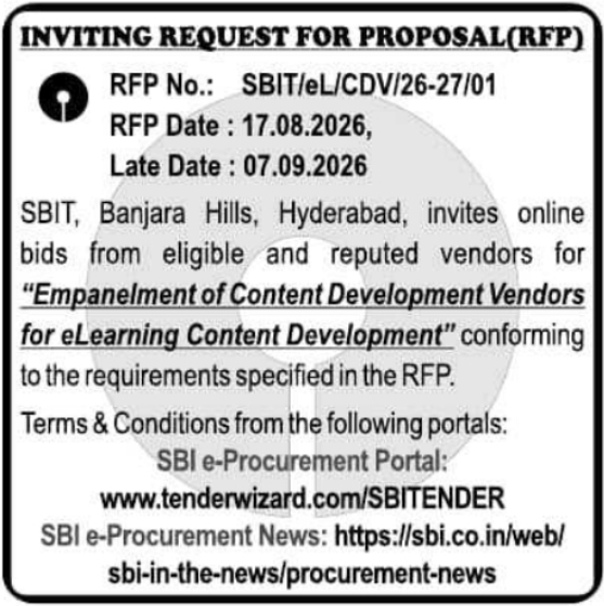 RFP for eLearning Content Development Vendor Empanelment by SBIT