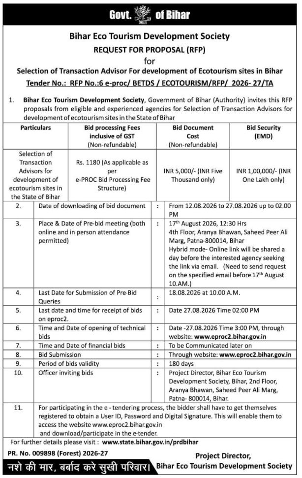 RFP for Transaction Advisor Selection by Bihar Eco Tourism Development Society