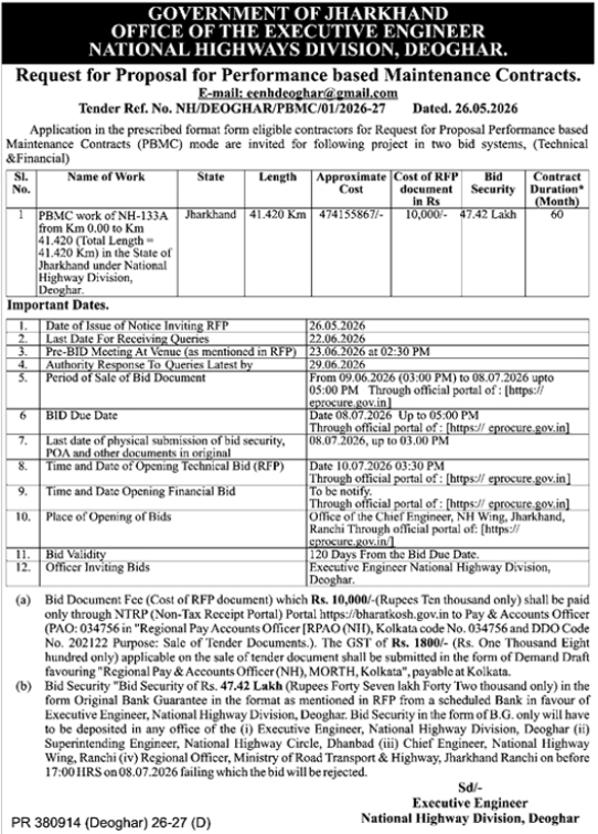 RFP Tender Notice for Performance Based Maintenance Contract on NH-133A, Jharkhand