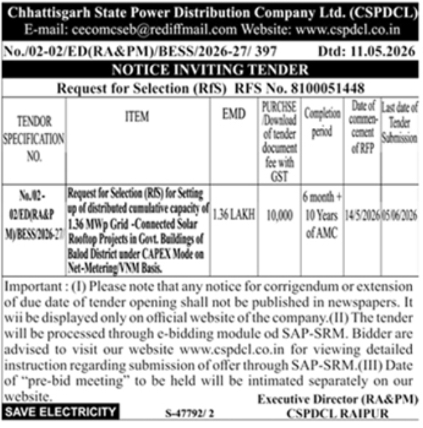 RfS Notice: Rooftop Solar Project Installation at CSPDCL