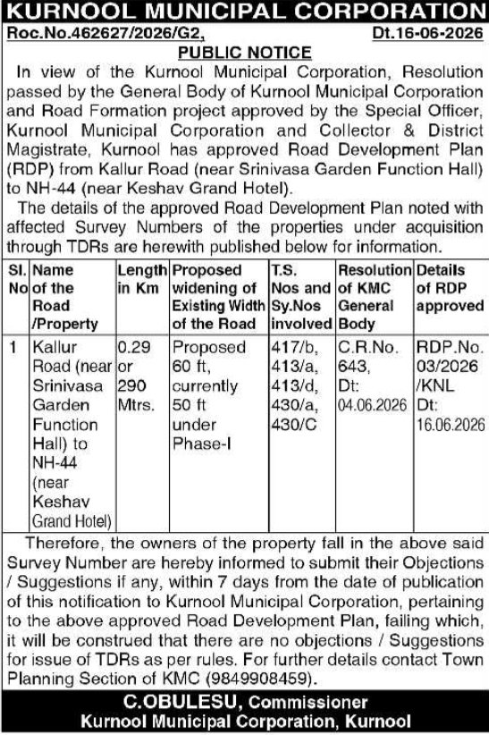 Road Development Plan Public Notice by Kurnool Municipal Corporation