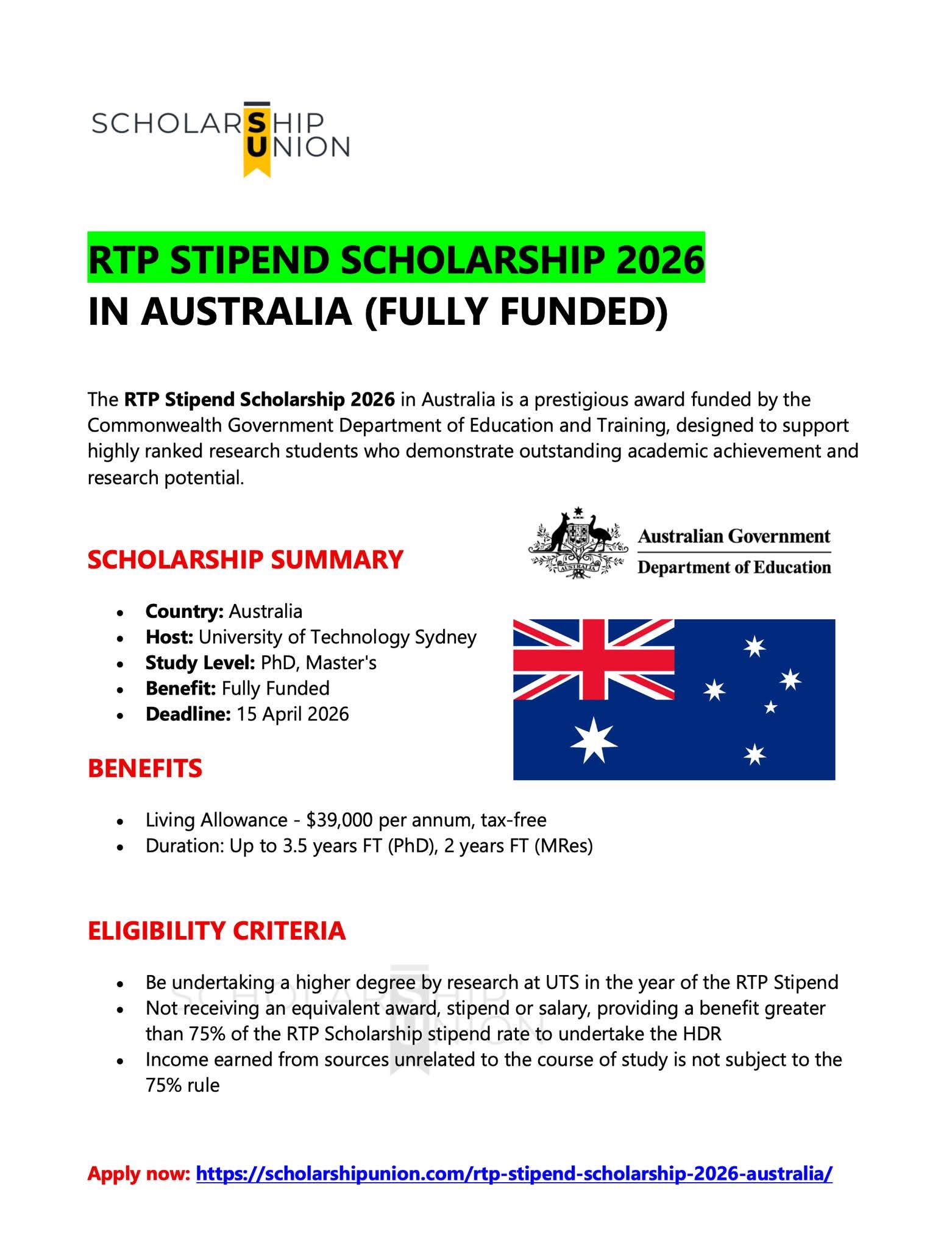 RTP Stipend Scholarship 2026 in Australia