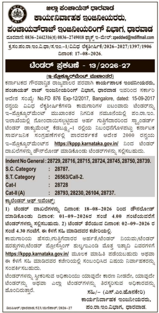 Rural Infrastructure E-Tender Notification by Zilla Panchayat Dharwad