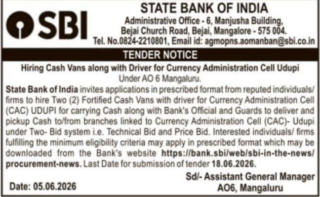 SBI: Cash Van Hiring Tender Notice
