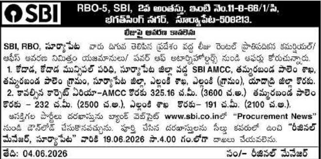 SBI Suryapet: Commercial Space Lease Tender