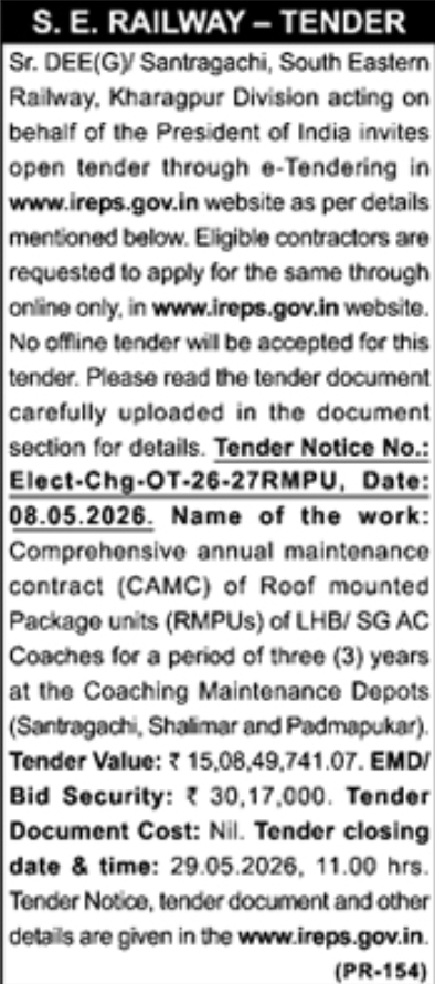 S.E. Railway Open Tender: Maintenance of AC Coaches