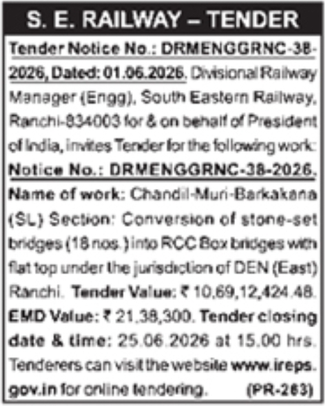 S.E. Railway Ranchi Bridge Conversion Construction Tender Notice
