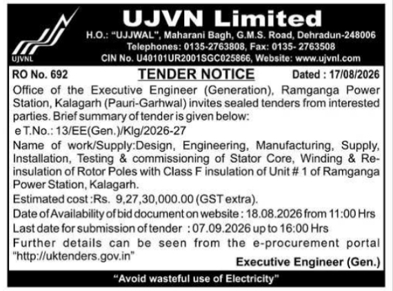 Sealed Tender Notice for Power Station Maintenance by UJVN Limited