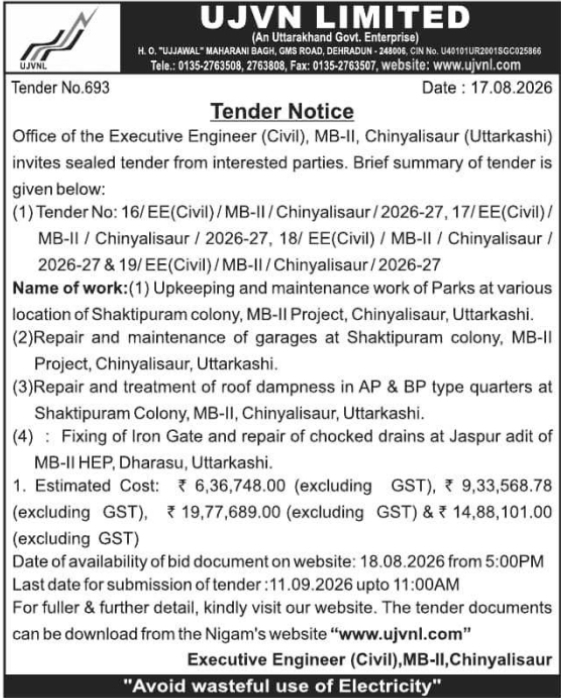 Sealed Tenders for Civil Maintenance Works by UJVN Limited