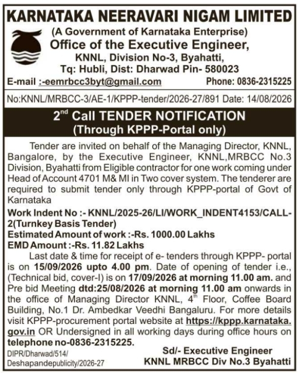 Second Call Turnkey E-Tender for Irrigation Development by KNNL