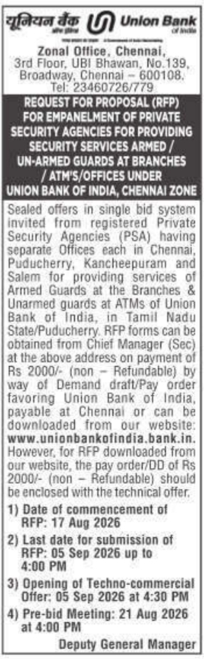 Security Services Empanelment RFP Notification by Union Bank of India