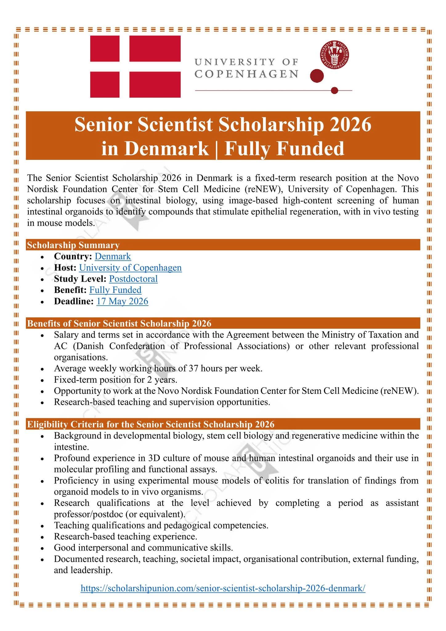 Senior Scientist Scholarship 2026 in Denmark