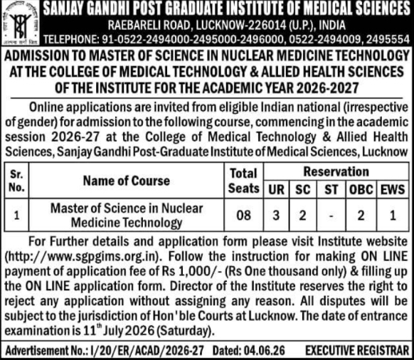 SGPGIMS: M.Sc. Nuclear Medicine Technology Admissions 2026-27