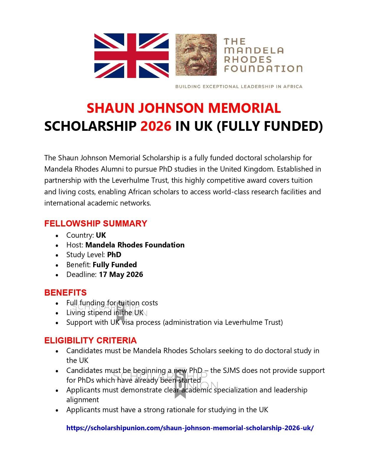 Shaun Johnson Memorial Scholarship 2026 in UK