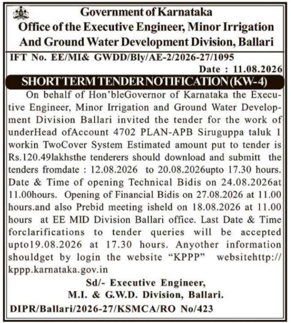 Short Term E-Tender for Minor Irrigation Works in Siruguppa Taluk Ballari