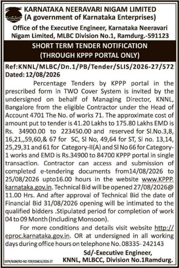 Short Term Percentage E-Tenders for 71 Irrigation Works by KNNL