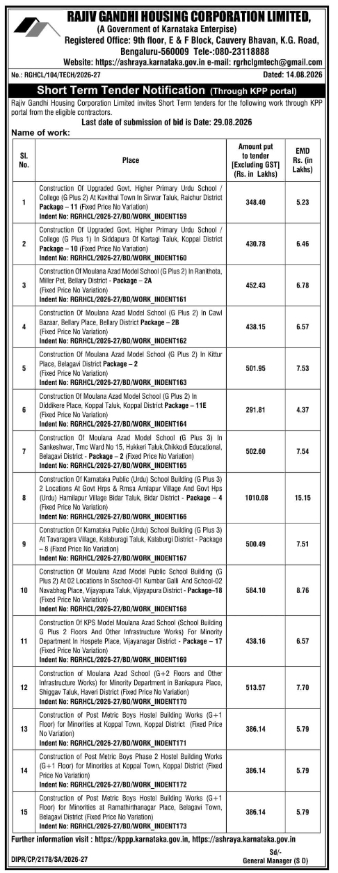 Short Term Tender for Educational Institution Infrastructure Construction by RGHCL