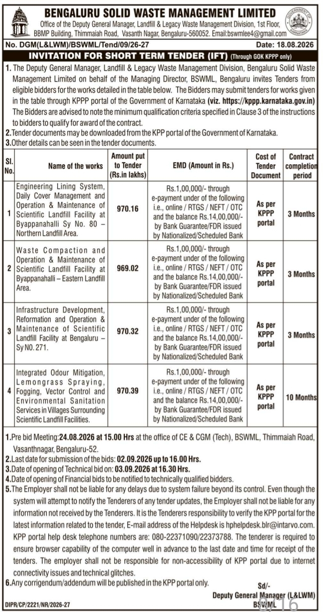 Short Term Tender for Landfill Operation and Management by BSWML