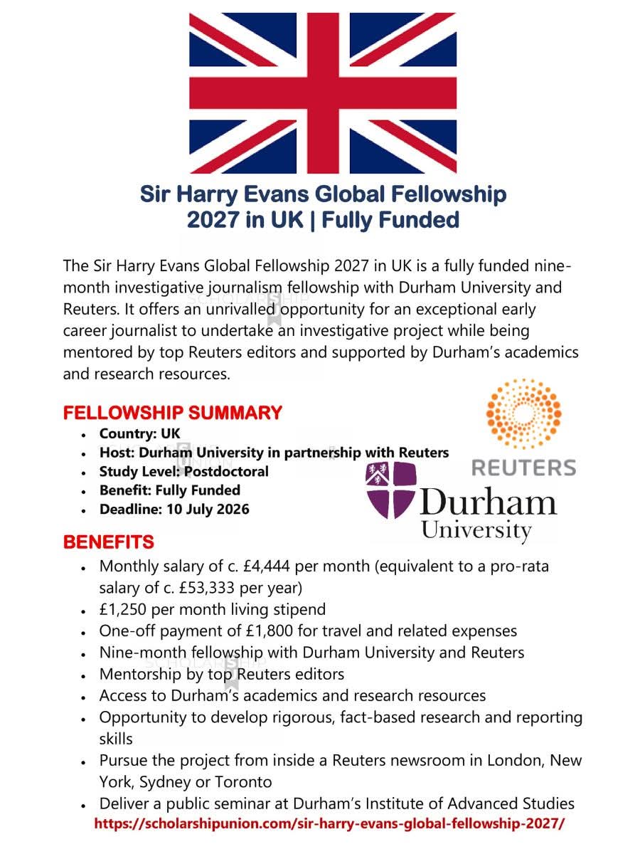 Sir Harry Evans Global Fellowship 2027 in UK