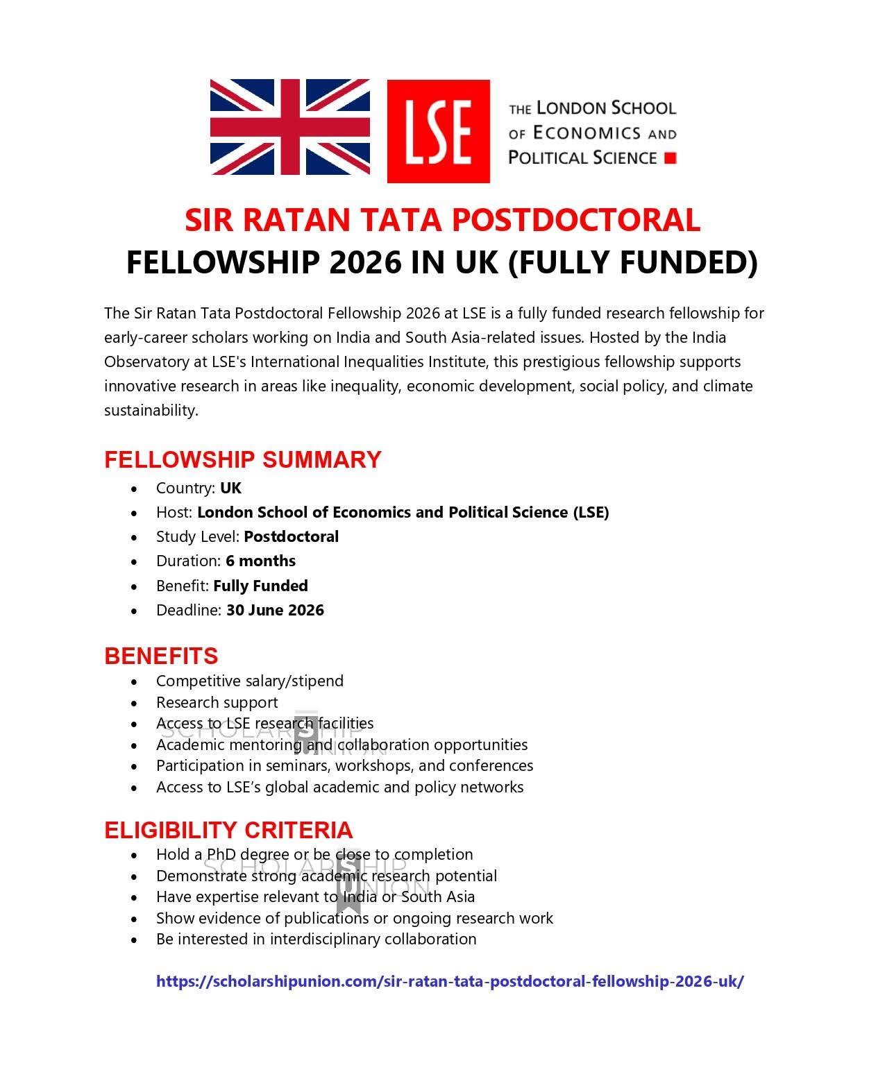 Sir Ratan Tata Postdoctoral Fellowship 2026 in UK