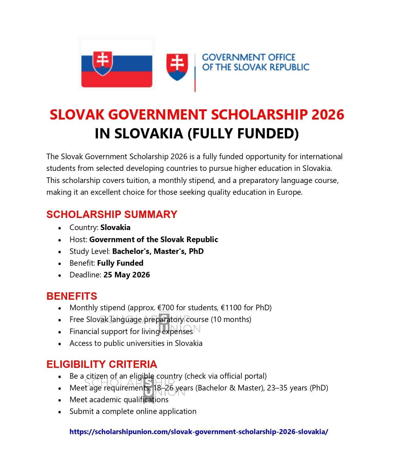 Slovak Government Scholarship 2026 in Slovakia