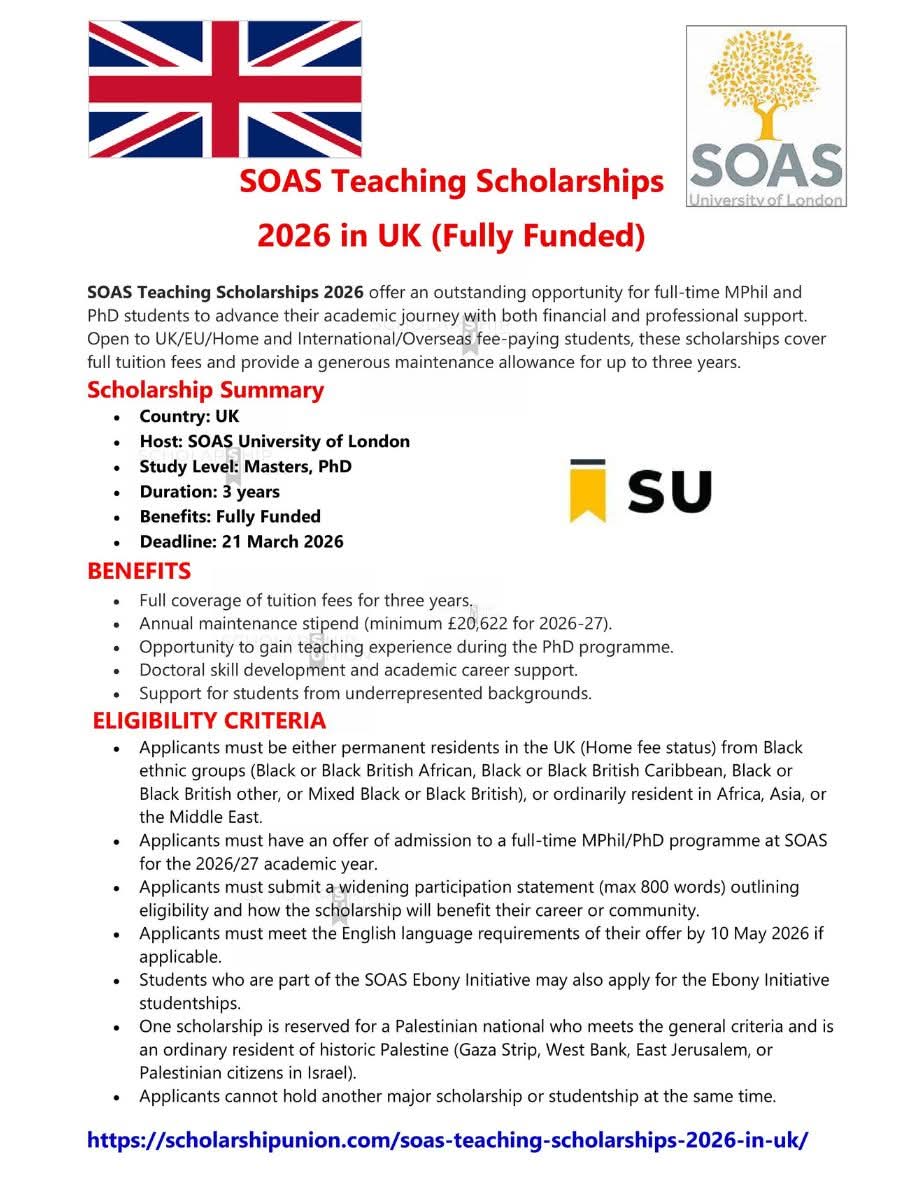 SOAS Teaching Scholarships 2026 in UK