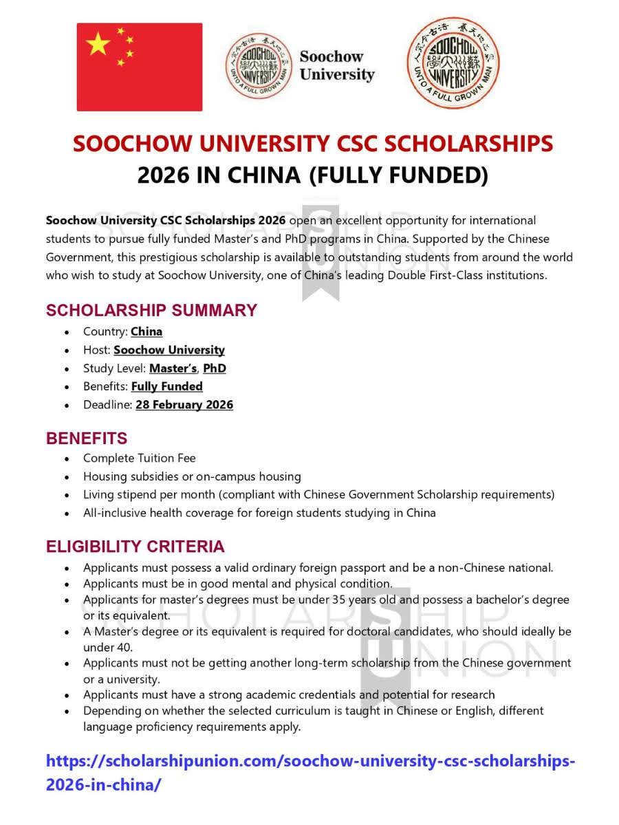 Soochow University CSC Scholarships 2026 In China