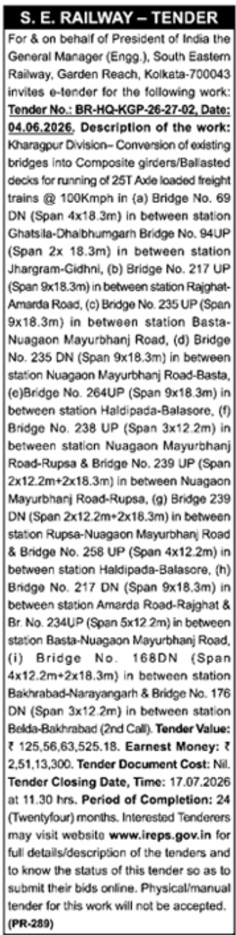 South Eastern Railway: Kharagpur Division Bridge Conversion E-Tender