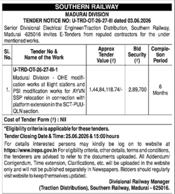 Southern Railway Madurai: OHE and PSI Modification E-Tender