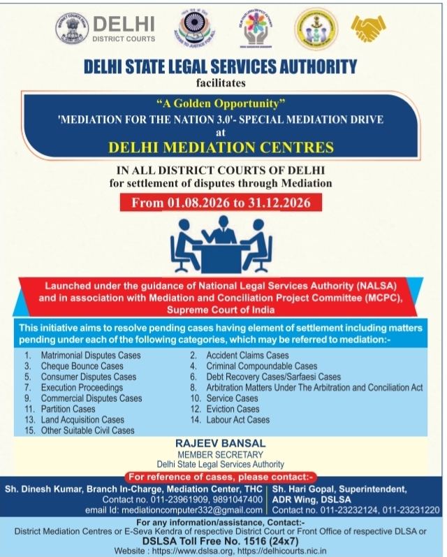 Special Mediation Drive Notification by Delhi State Legal Services Authority