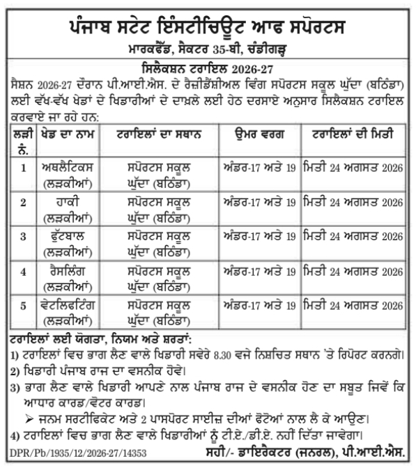 Sports Selection Trials Advertisement for Residential Wing by Punjab State Institute of Sports