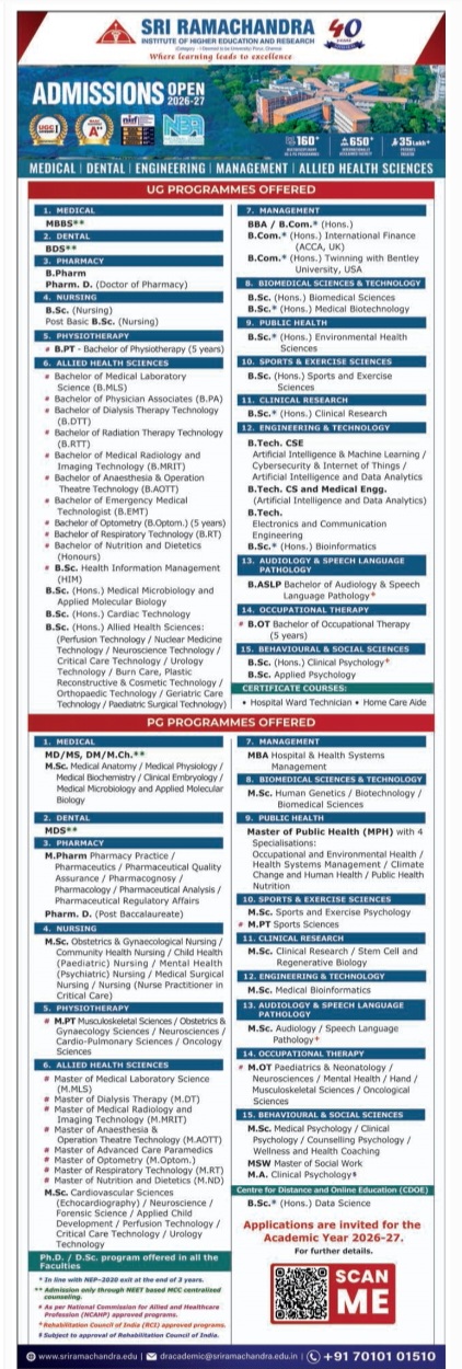 Sri Ramachandra Institute Academic Admissions 2026-27