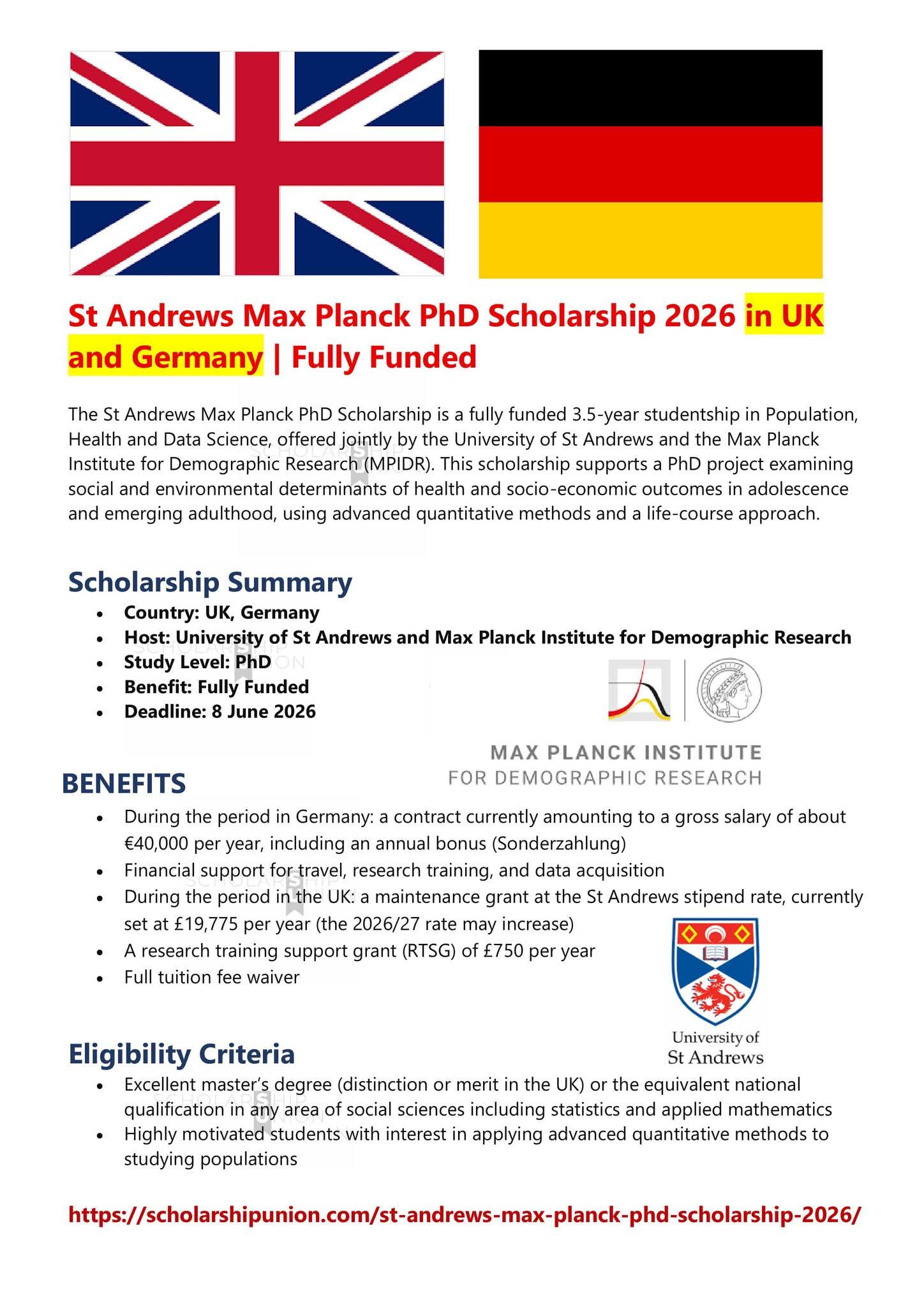 St Andrews Max Planck PhD Scholarship 2026 in UK & Germany