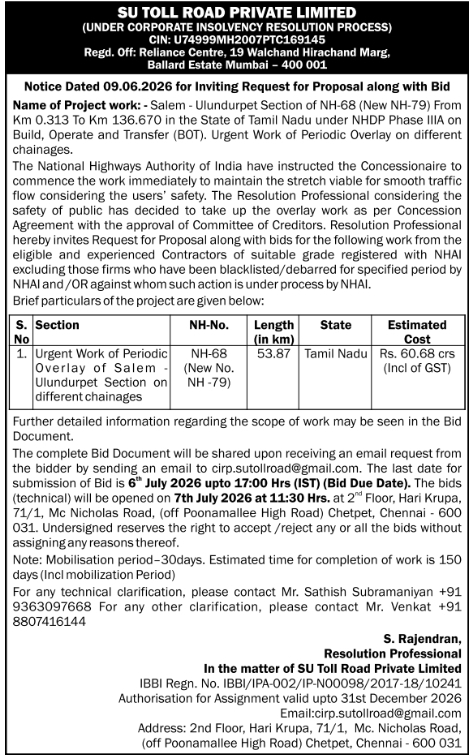SU Toll Road: NH Periodic Overlay RFP Notification
