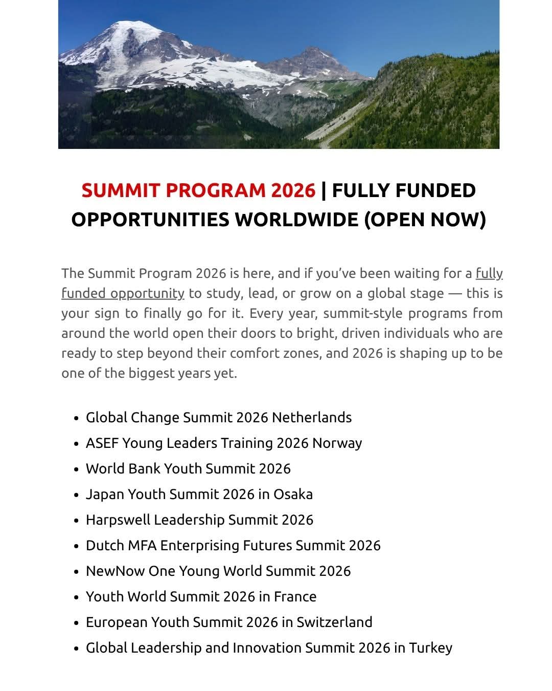Summit Program 2026 Fully Funded Opportunities Worldwide