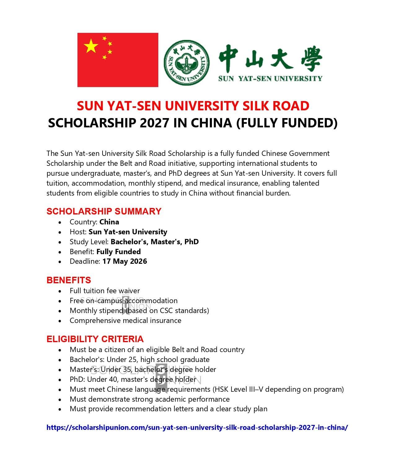Sun Yat-sen University Silk Road Scholarship 2027 in China