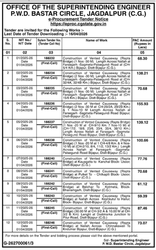 Superintending Engineer of P.W.D. Bastar Circle, Jagdalpur E-Procurement Tender Notice