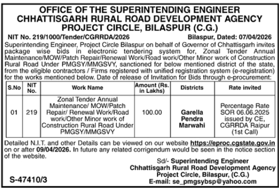 Superintending Engineer of the Chhattisgarh Rural Road Development Agency Tender Notice