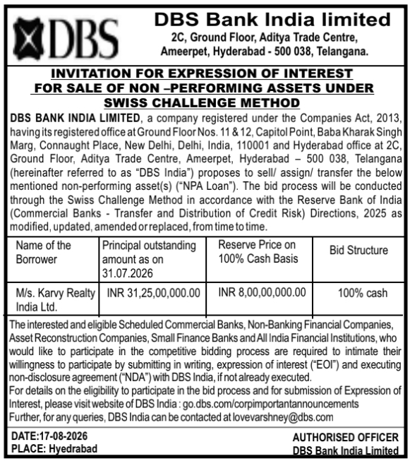 Swiss Challenge Expression of Interest for NPA Sale by DBS Bank India