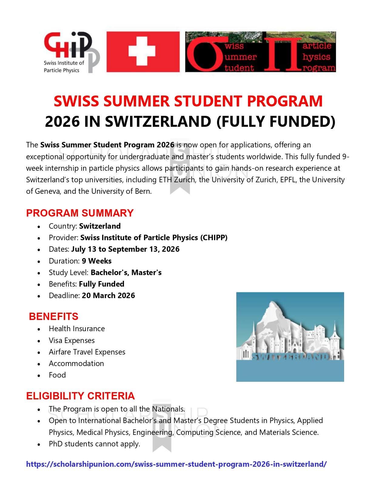 Swiss Summer Student Program 2026 in Switzerland