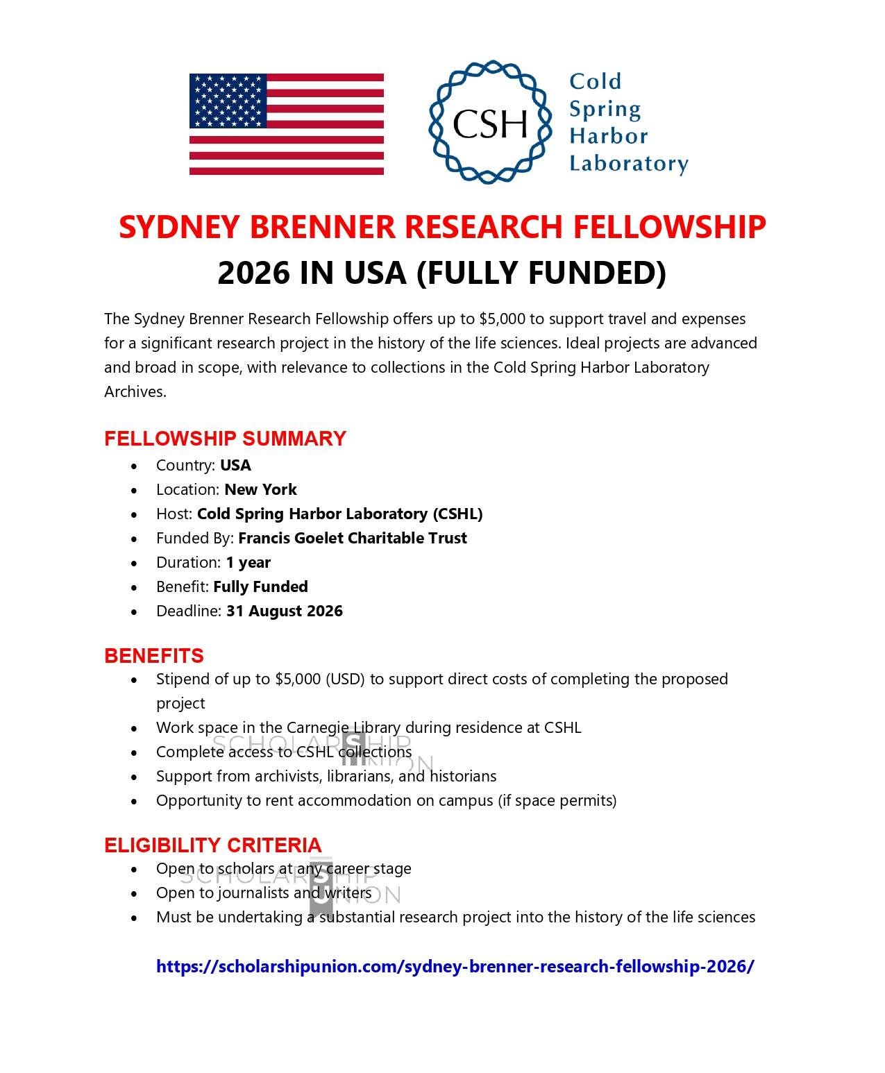 Sydney Brenner Research Fellowship 2026 in USA