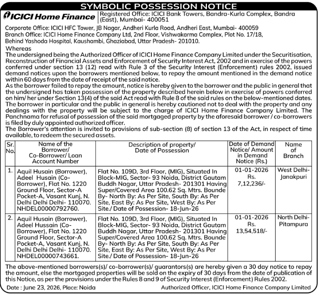 Symbolic Possession Notice: ICICI Home Finance Noida