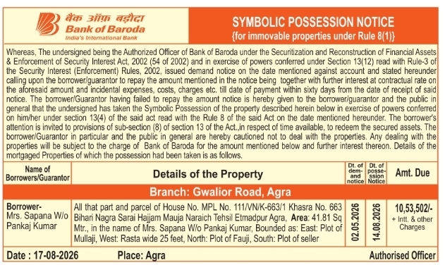 Symbolic Property Possession Notice in Agra by Bank of Baroda