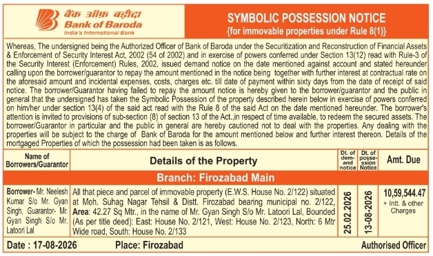 Symbolic Property Possession Notice in Firozabad by Bank of Baroda