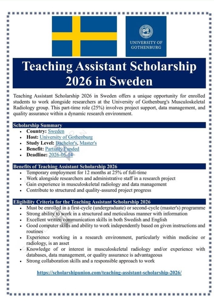 Teaching Assistant Scholarship 2026 in Sweden