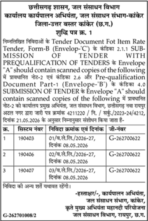 Tender Corrigendum Notice by WRD Kanker, Chhattisgarh