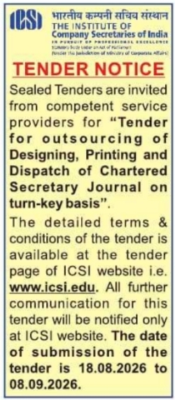 Tender for Chartered Secretary Journal Outsourcing by ICSI