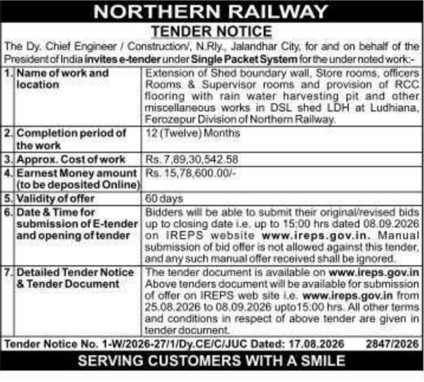 Tender for Diesel Shed Structural Extension Works by Northern Railway